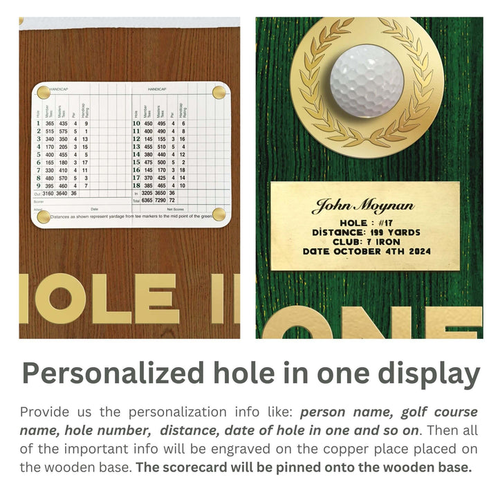 hole in one display with flag, hole in one discplay with scorecard, hole in one display, hole in one plaque