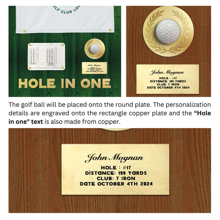 hole in one display with flag, hole in one discplay with scorecard, hole in one display, hole in one plaque