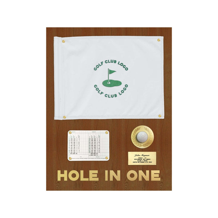 hole in one display with flag, hole in one discplay with scorecard, hole in one display, hole in one plaque