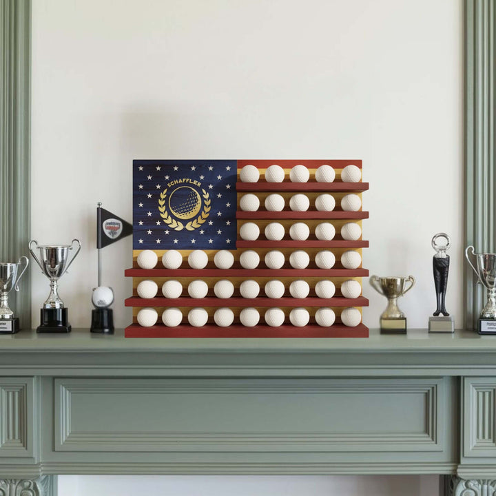 personalized golf ball display, golf ball display rack, golf ball shelf, golf ball shadow bo