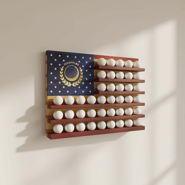 personalized golf ball display, golf ball display rack, golf ball shelf, golf ball shadow box