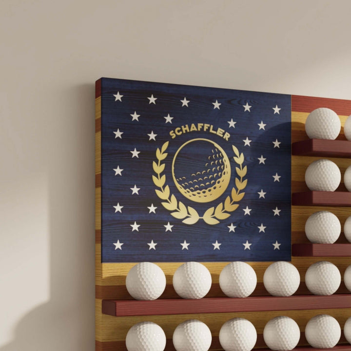 personalized golf ball display, golf ball display rack, golf ball shelf, golf ball shadow box