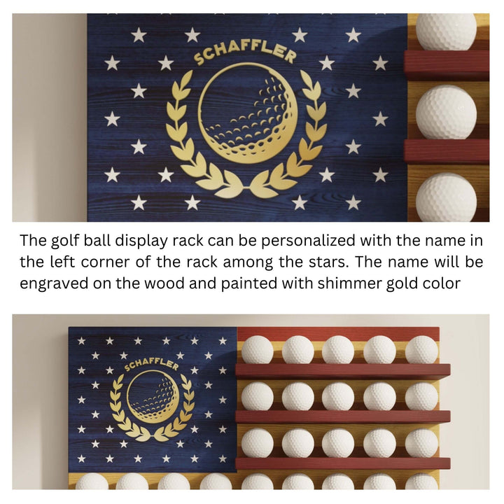 personalized golf ball display, golf ball display rack, golf ball shelf, golf ball shadow box