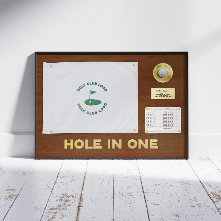 hole in one display with flag, hole in one discplay with scorecard, hole in one display, hole in one plaque