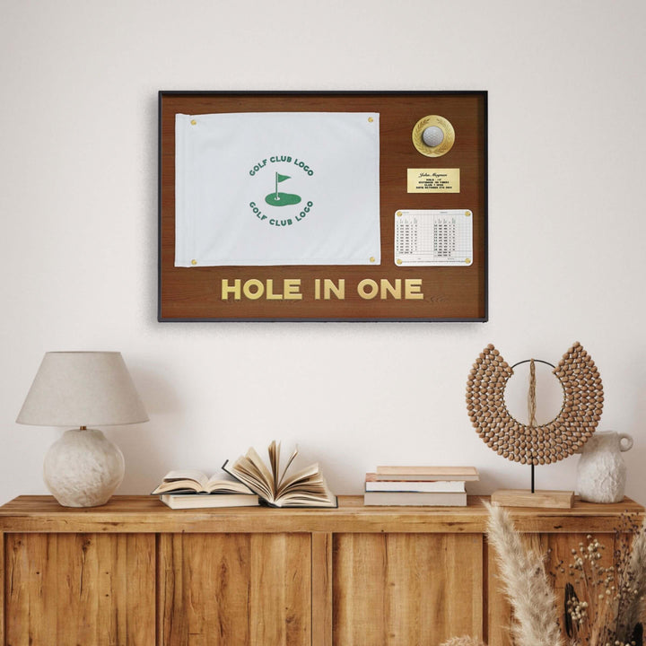 hole in one display with flag, hole in one discplay with scorecard, hole in one display, hole in one plaque