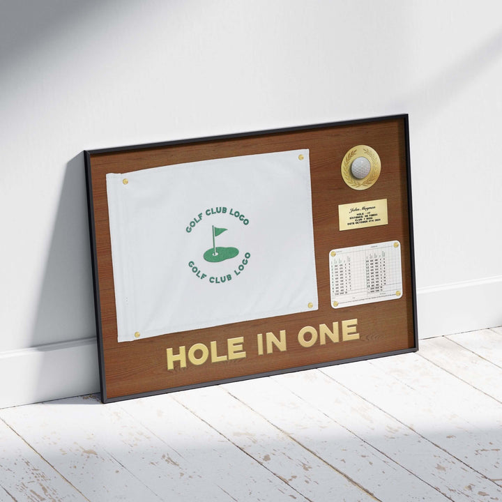 hole in one display with flag, hole in one discplay with scorecard, hole in one display, hole in one plaque