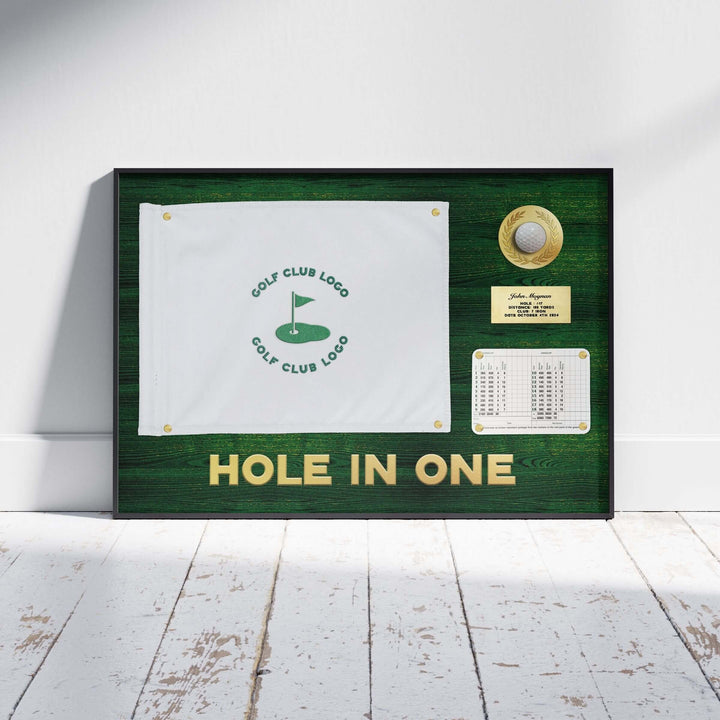 hole in one display with flag, hole in one discplay with scorecard, hole in one display, hole in one plaque