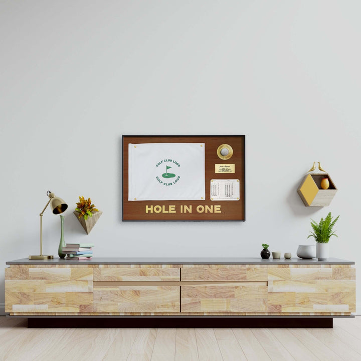 hole in one display with flag, hole in one discplay with scorecard, hole in one display, hole in one plaque