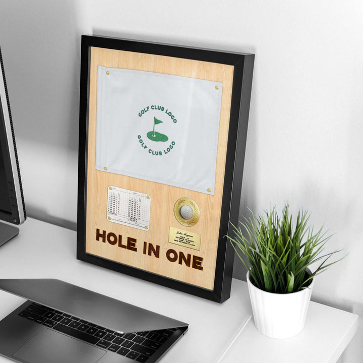 hole in one display with flag, hole in one discplay with scorecard, hole in one display, hole in one plaque