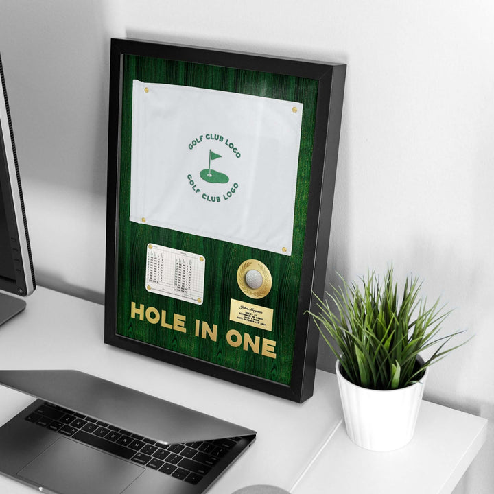 hole in one display with flag, hole in one discplay with scorecard, hole in one display, hole in one plaque