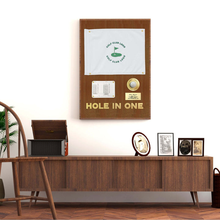 hole in one display with flag, hole in one discplay with scorecard, hole in one display, hole in one plaque