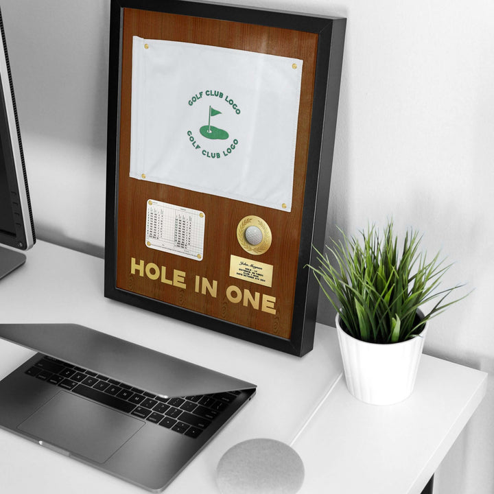 hole in one display with flag, hole in one discplay with scorecard, hole in one display, hole in one plaque