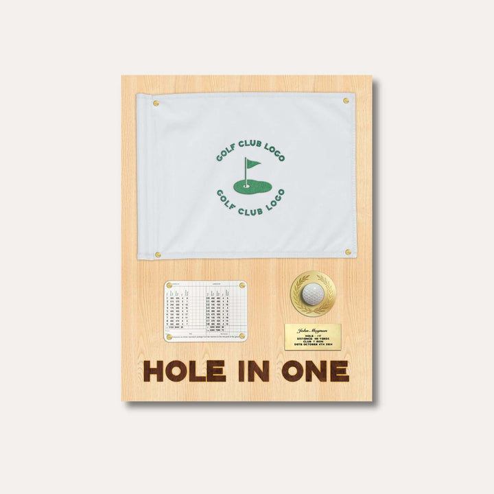 hole in one display with flag, hole in one discplay with scorecard, hole in one display, hole in one plaque