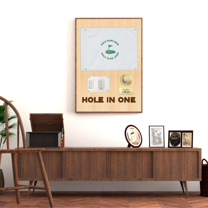 hole in one display with flag, hole in one discplay with scorecard, hole in one display, hole in one plaque